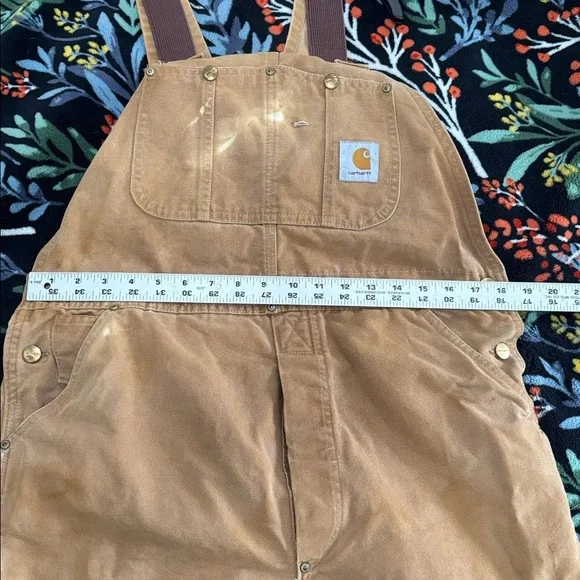 Thrashed vintage 80s or 90s carhartt unlined beige double knee duck overall bibs